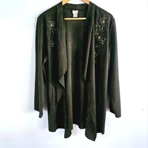 Chico's Faux Suede Green Open Waterfall Embroidery Women's Cardigan Size 2